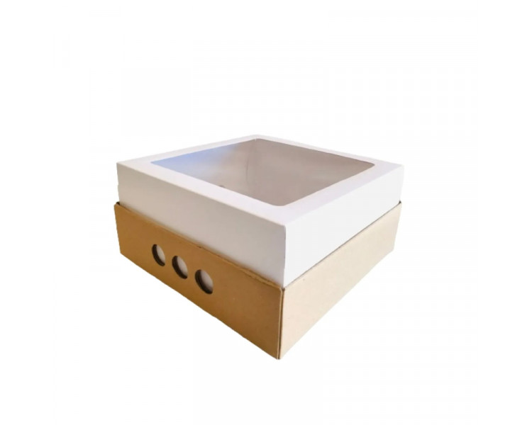 CAJA DESAYUNO/CATERING BANDEJA Y TAPA BLANCA C/VISOR LISO 25X25X12